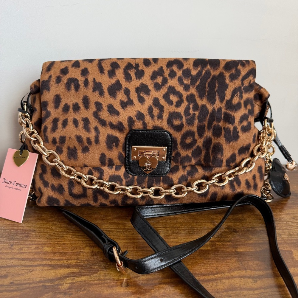 New Juicy Couture Fashionable Leopard Flap Crossbody Handbag Y2K Black Brown